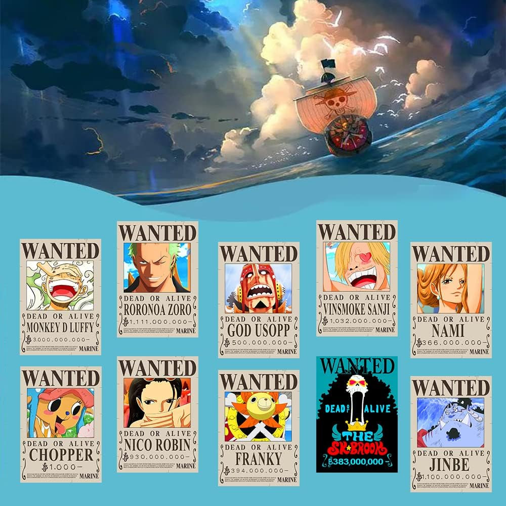 15In×11In Anime [OP] Wanted Bounty Posters, New Edition, 10 Straw Hat Pirates Crew Zoro, Sanji, Luffy, a Set of 11PCS
