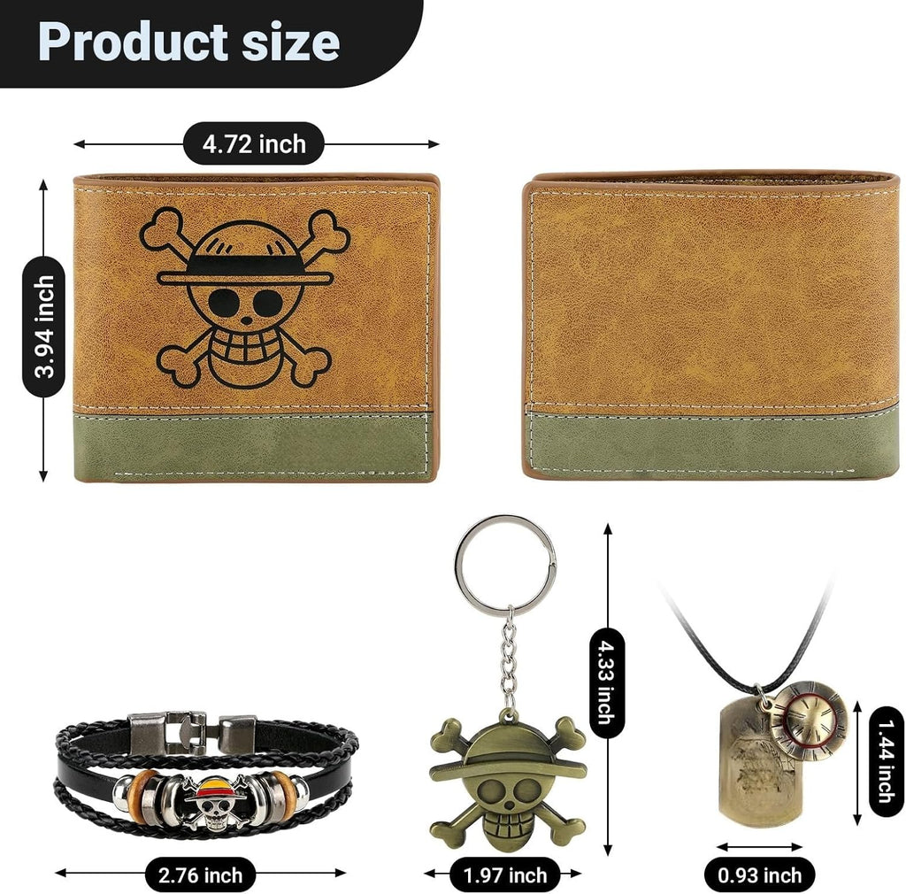 4 PCS OP Bifold Wallet Anime Set (Straw Hat Mens Wallet + Lufei Skull Pendant Necklace + OP Keychain + OP Bracelet) Good Gift for Anime Fans