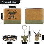 4 PCS OP Bifold Wallet Anime Set (Straw Hat Mens Wallet + Lufei Skull Pendant Necklace + OP Keychain + OP Bracelet) Good Gift for Anime Fans