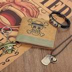 4 PCS OP Bifold Wallet Anime Set (Straw Hat Mens Wallet + Lufei Skull Pendant Necklace + OP Keychain + OP Bracelet) Good Gift for Anime Fans