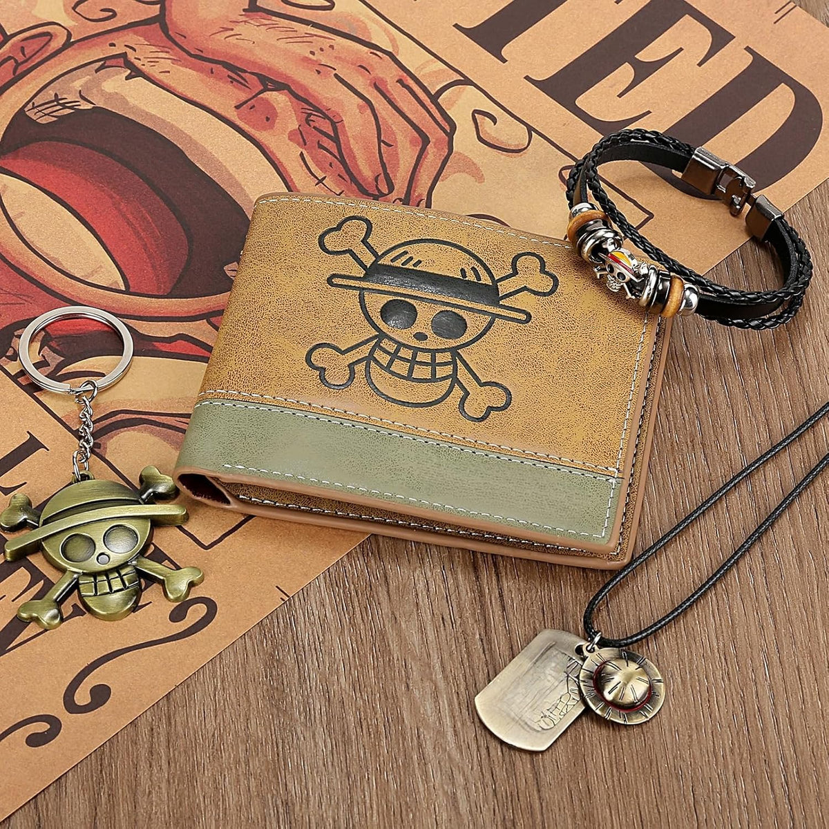 4 PCS OP Bifold Wallet Anime Set (Straw Hat Mens Wallet + Lufei Skull Pendant Necklace + OP Keychain + OP Bracelet) Good Gift for Anime Fans