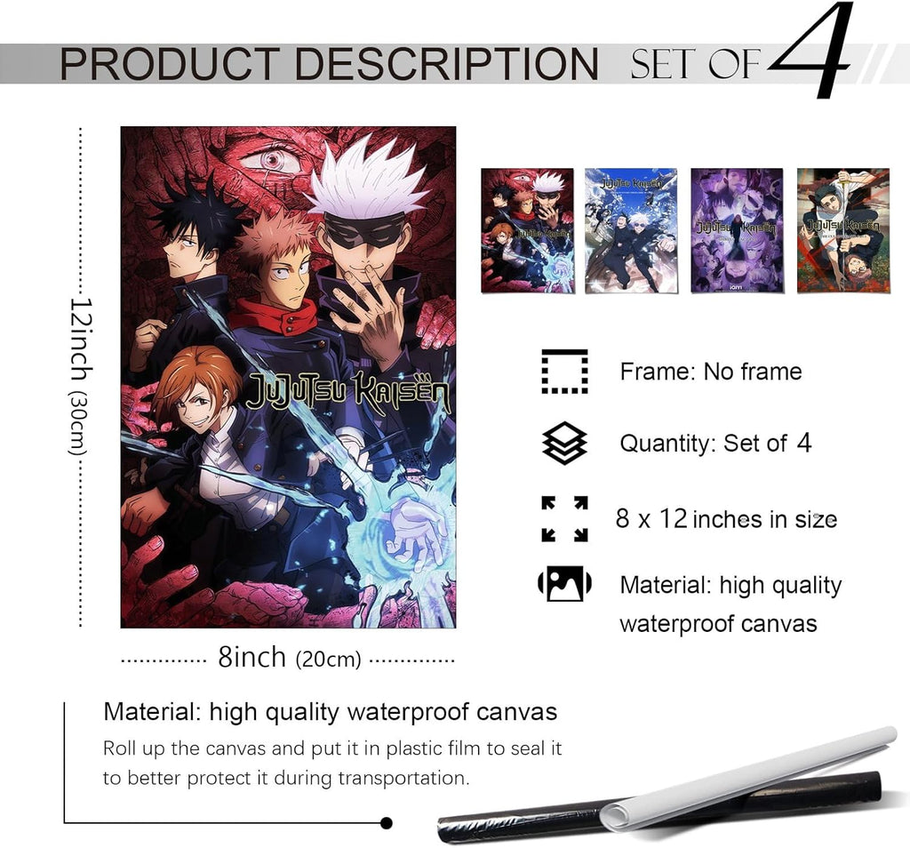 4PC Jujutsu Kaisen Poster for Fans Kids Room Bedroom Wall Decor-Jujutsu Kaisen Anime Posters Canvas Prints Picture for Teen Boy Girls Gifts