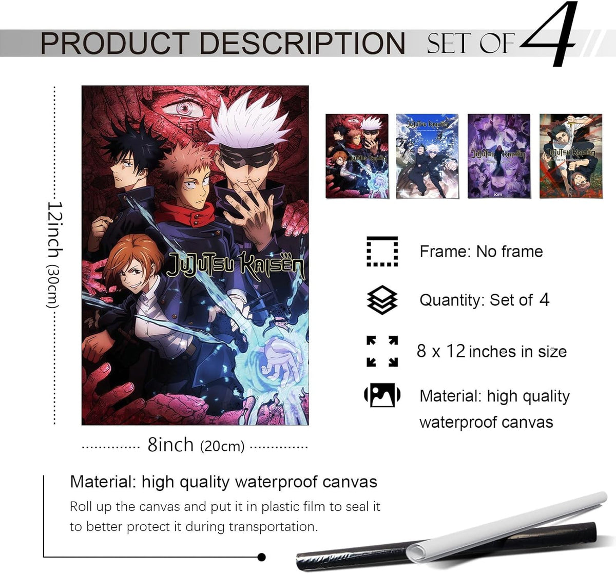 4PC Jujutsu Kaisen Poster for Fans Kids Room Bedroom Wall Decor-Jujutsu Kaisen Anime Posters Canvas Prints Picture for Teen Boy Girls Gifts
