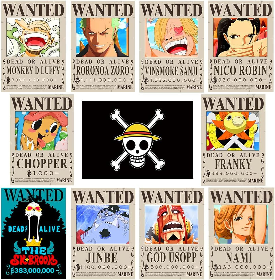 15In×11In Anime [OP] Wanted Bounty Posters, New Edition, 10 Straw Hat Pirates Crew Zoro, Sanji, Luffy, a Set of 11PCS