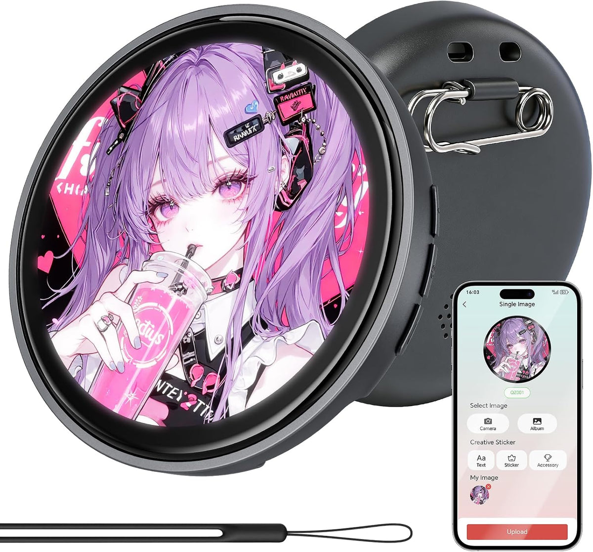 Digital Pin, Digital Badge with Touch Screen LED Display, Customizable Anime Style Wearable, Smart Button for FIFA World Cup Footbal Party, Cosplay, Fandoms（For <8MB MP4, Multi/Single Imgs, Marquee）