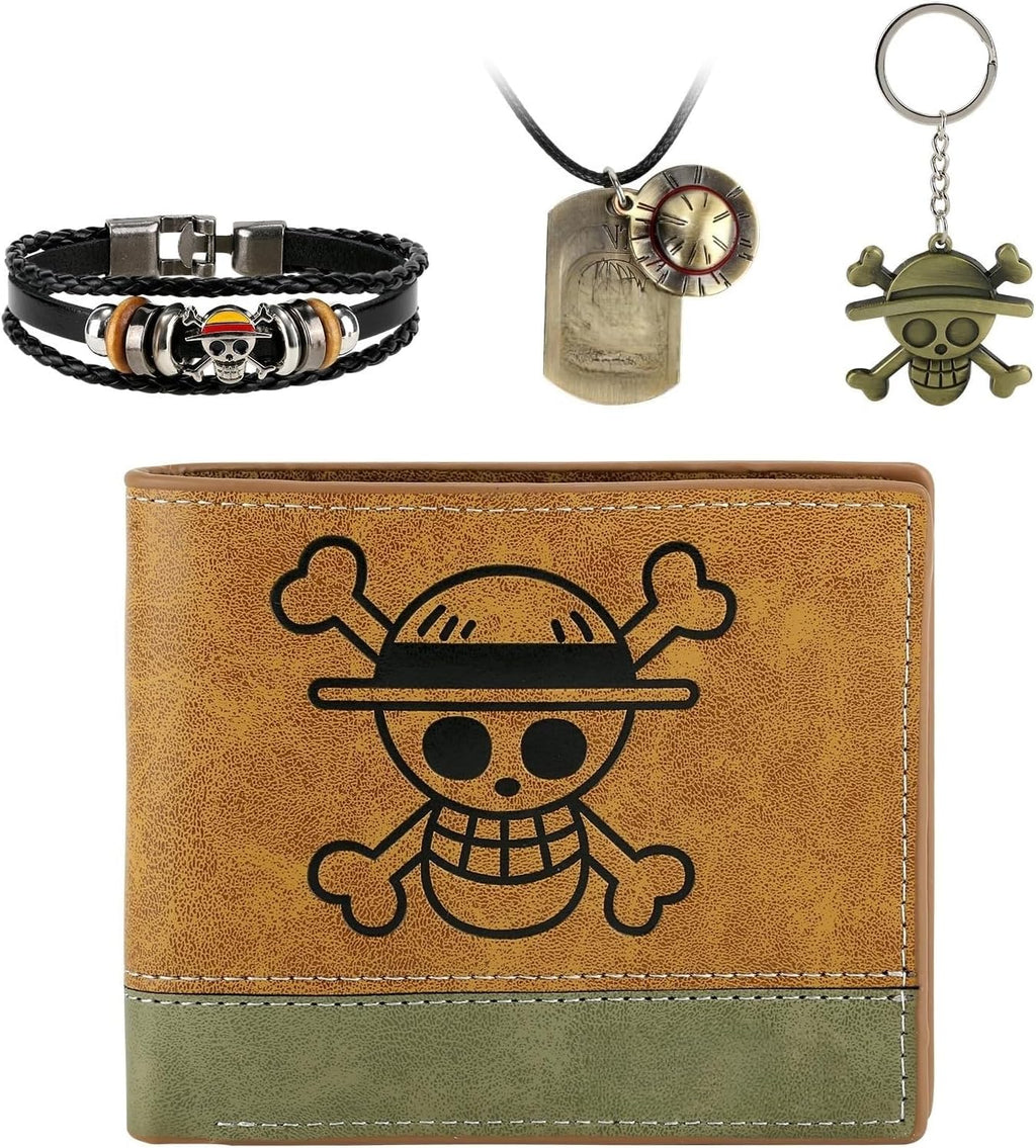 4 PCS OP Bifold Wallet Anime Set (Straw Hat Mens Wallet + Lufei Skull Pendant Necklace + OP Keychain + OP Bracelet) Good Gift for Anime Fans