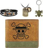 4 PCS OP Bifold Wallet Anime Set (Straw Hat Mens Wallet + Lufei Skull Pendant Necklace + OP Keychain + OP Bracelet) Good Gift for Anime Fans