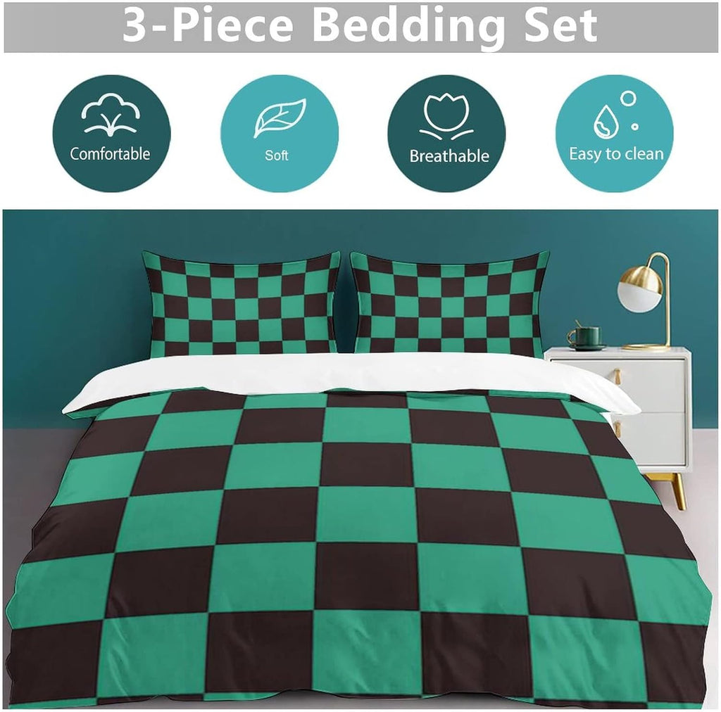 Anime Bedding Set, 3-Piece Anime Duvet Cover King Size Ultra Soft Breathable 3D Printed Microfiber Comforter Cover, Cartoon Quilt Cover, Teen Comforter Cover with 2 Pillowcases (King,Green)