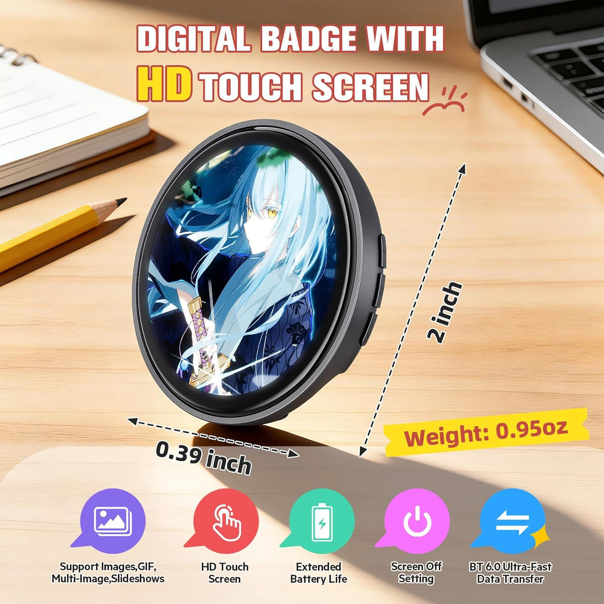Digital Pin, Digital Badge with Touch Screen LED Display, Customizable Anime Style Wearable, Smart Button for FIFA World Cup Footbal Party, Cosplay, Fandoms（For <8MB MP4, Multi/Single Imgs, Marquee）